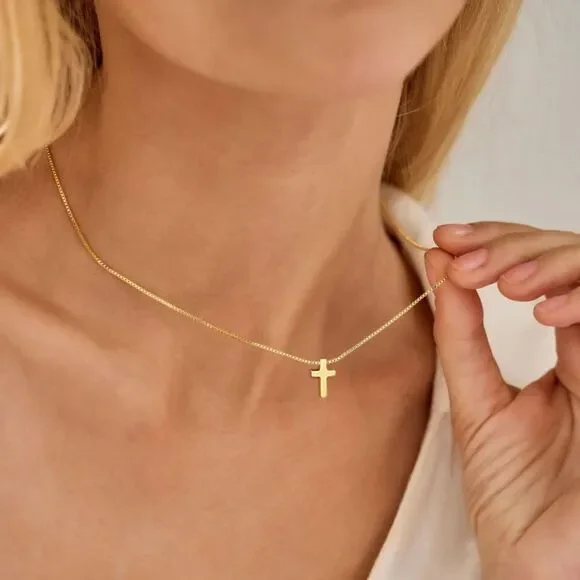 Gold Cross Necklace 14K Gold Plated Baptism Gift Cross Necklace Dainty Pendants - Picture 5 of 7